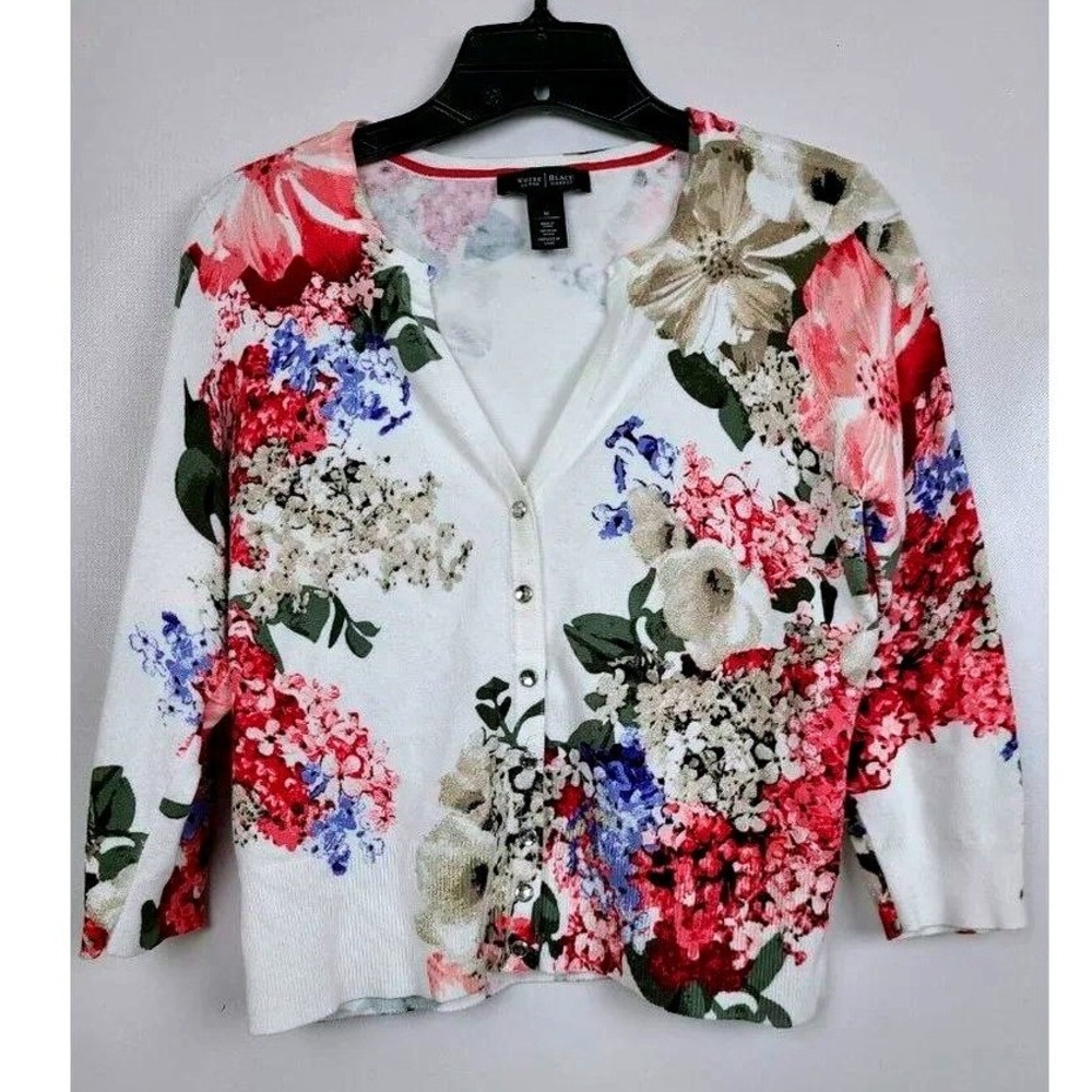 White House Black Market Floral Cardigan Womens Medium White Pink Blue Button Up